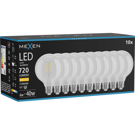 Mexen Vintis 10x żarówka filament LED E27, G95, 6W, Ciepła - 2700K, 720 lm, clear - L157-E27-0627-00x10
