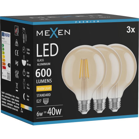 Mexen Vintis 3x żarówka filament LED E27, G95, 6W, Ciepła - 2700K, 600 lm, amber - L157-E27-0627-50x03