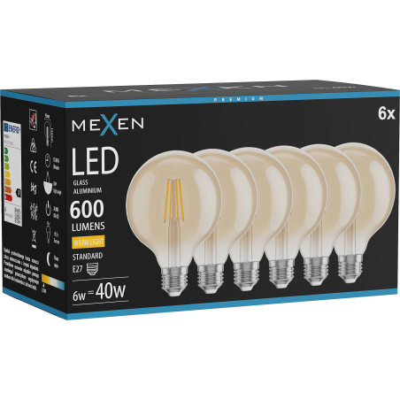 Mexen Vintis 6x żarówka filament LED E27, G95, 6W, Ciepła - 2700K, 600 lm, amber - L157-E27-0627-50x06