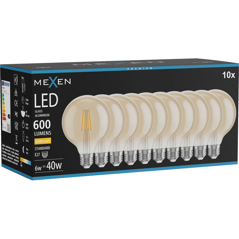 Mexen Vintis 10x żarówka filament LED E27, G95, 6W, Ciepła - 2700K, 600 lm, amber - L157-E27-0627-50x10