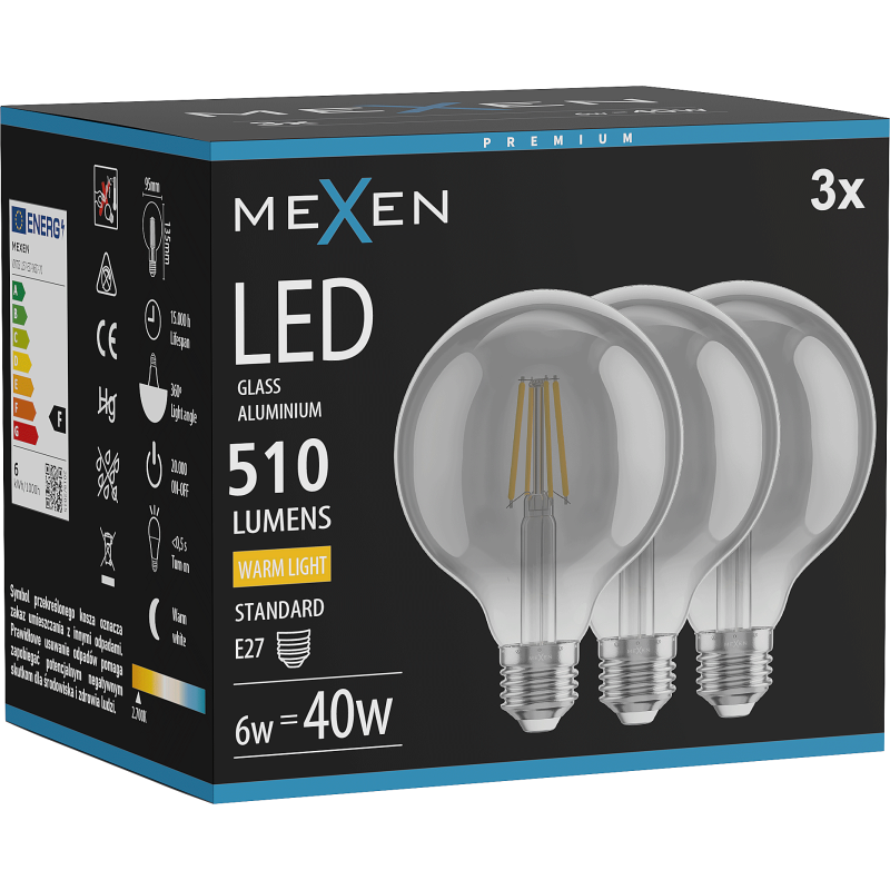 Mexen Vintis 3x żarówka filament LED E27, G95, 6W, Ciepła - 2700K, 510 lm, smoke - L157-E27-0627-70x03