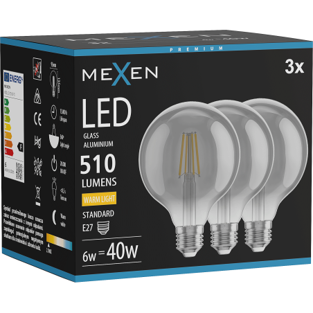 Mexen Vintis 3x żarówka filament LED E27, G95, 6W, Ciepła - 2700K, 510 lm, smoke - L157-E27-0627-70x03