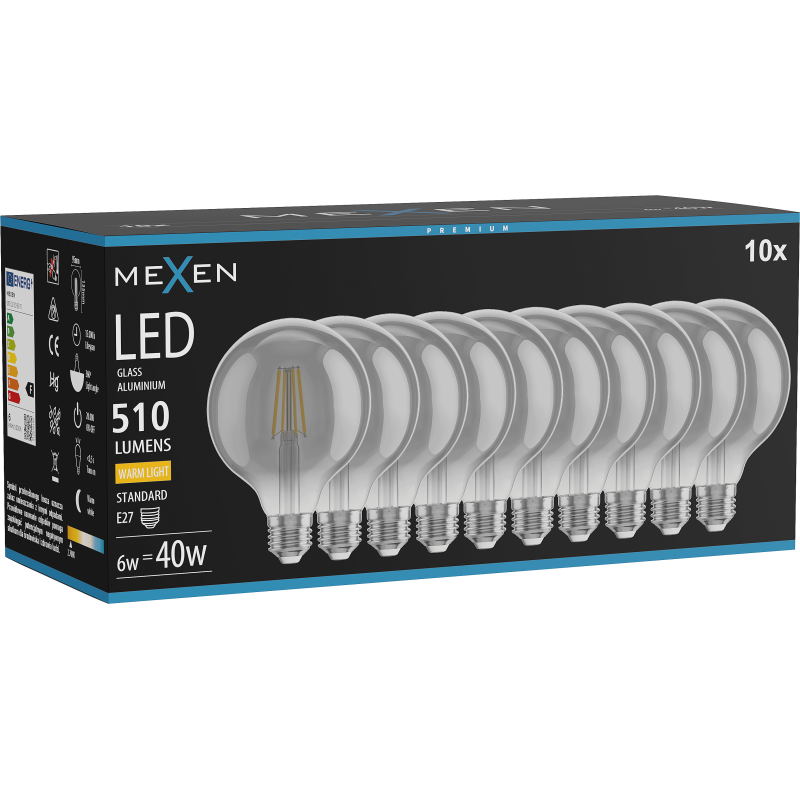 Mexen Vintis 10x żarówka filament LED E27, G95, 6W, Ciepła - 2700K, 510 lm, smoke - L157-E27-0627-70x10