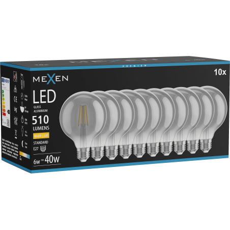 Mexen Vintis 10x żarówka filament LED E27, G95, 6W, Ciepła - 2700K, 510 lm, smoke - L157-E27-0627-70x10
