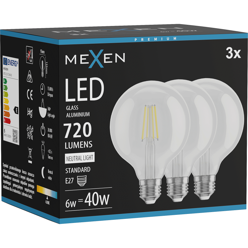 Mexen Vintis 3x żarówka filament LED E27, G95, 6W, Neutralna - 4000K, 720 lm, clear - L157-E27-0640-00x03