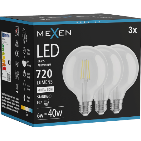 Mexen Vintis 3x żarówka filament LED E27, G95, 6W, Neutralna - 4000K, 720 lm, clear - L157-E27-0640-00x03