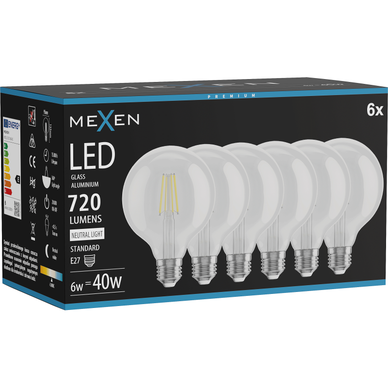 Mexen Vintis 6x żarówka filament LED E27, G95, 6W, Neutralna - 4000K, 720 lm, clear - L157-E27-0640-00x06