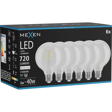 Mexen Vintis 6x żarówka filament LED E27, G95, 6W, Neutralna - 4000K, 720 lm, clear - L157-E27-0640-00x06