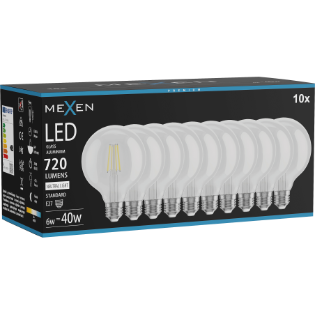 Mexen Vintis 10x żarówka filament LED E27, G95, 6W, Neutralna - 4000K, 720 lm, clear - L157-E27-0640-00x10