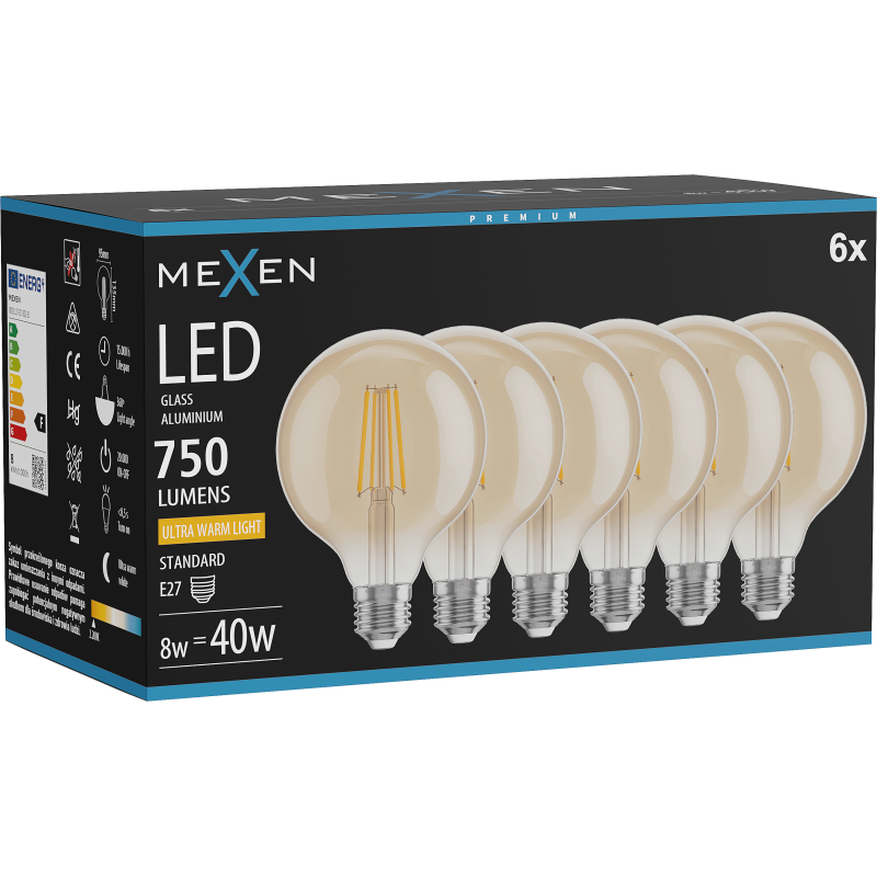 Mexen Vintis 6x żarówka filament LED E27, G95, 8W, Ciepła - 2200K, 750 lm, amber - L157-E27-0822-50x06