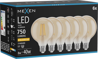 Mexen Vintis 6x żarówka filament LED E27, G95, 8W, Ciepła - 2200K, 750 lm, amber - L157-E27-0822-50x06