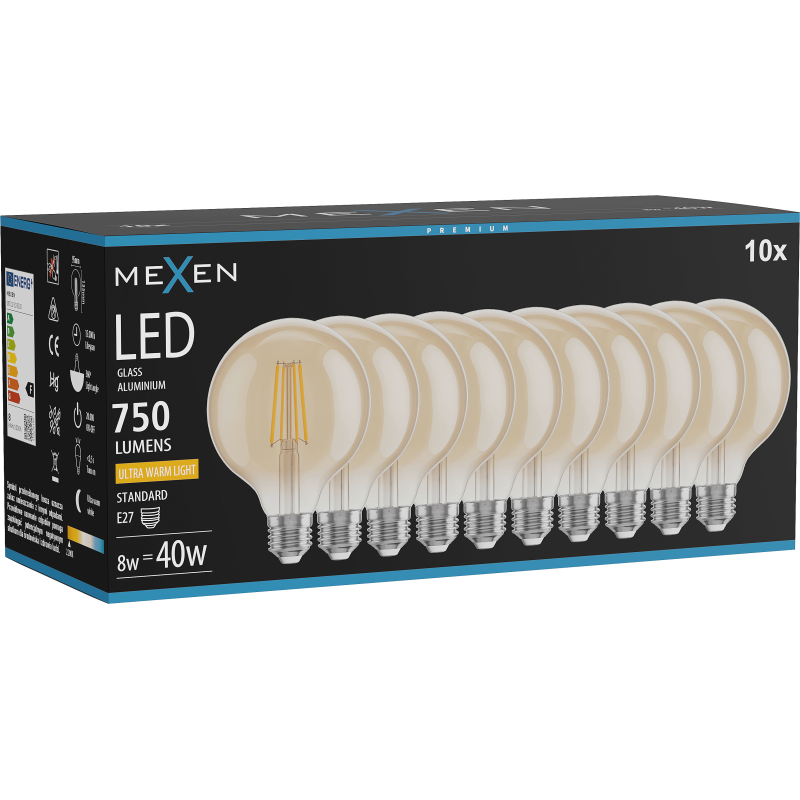Mexen Vintis 10x żarówka filament LED E27, G95, 8W, Ciepła - 2200K, 750 lm, amber - L157-E27-0822-50x10