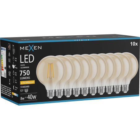 Mexen Vintis 10x żarówka filament LED E27, G95, 8W, Ciepła - 2200K, 750 lm, amber - L157-E27-0822-50x10
