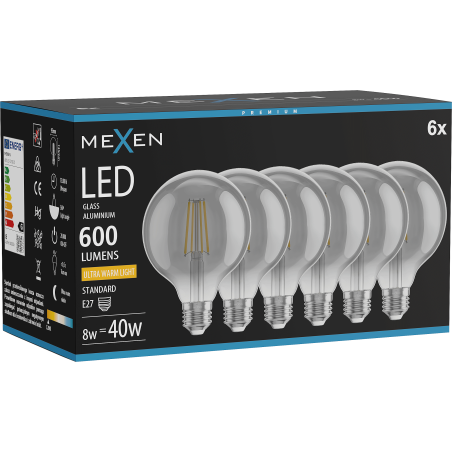 Mexen Vintis 6x żarówka filament LED E27, G95, 8W, Ciepła - 2200K, 600 lm, smoke - L157-E27-0822-70x06