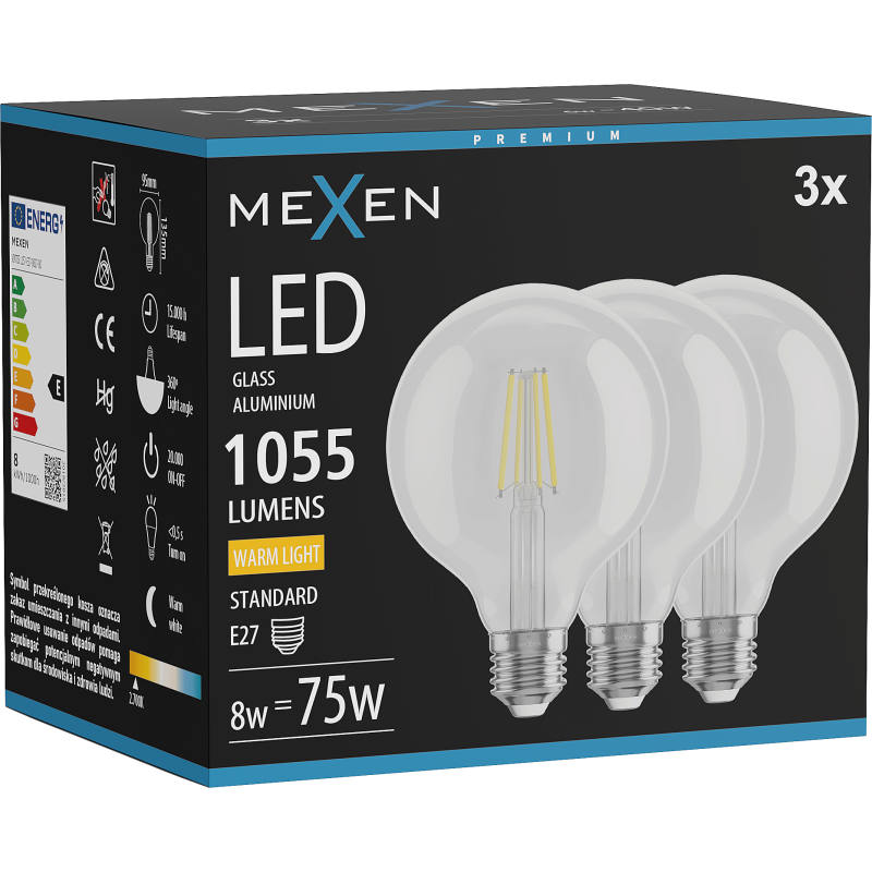 Mexen Vintis 3x żarówka filament LED E27, G95, 8W, Ciepła - 2700K, 1055 lm, clear - L157-E27-0827-00x03