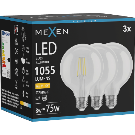 Mexen Vintis 3x żarówka filament LED E27, G95, 8W, Ciepła - 2700K, 1055 lm, clear - L157-E27-0827-00x03