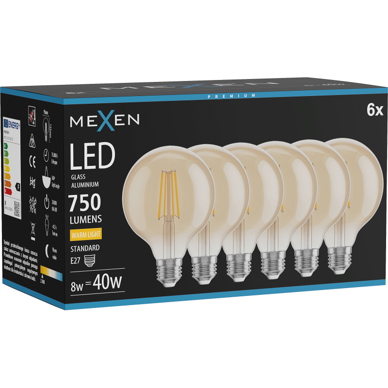 Mexen Vintis 6x żarówka filament LED E27, G95, 8W, Ciepła - 2700K, 750 lm, amber - L157-E27-0827-50x06
