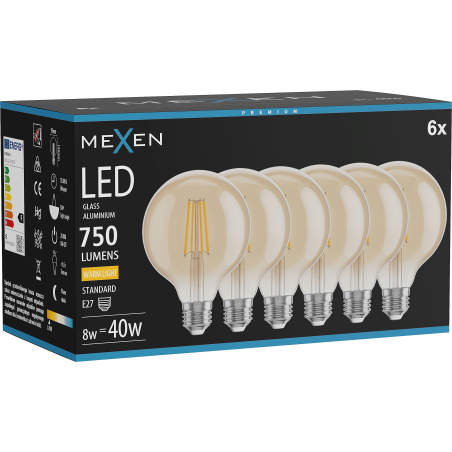 Mexen Vintis 6x żarówka filament LED E27, G95, 8W, Ciepła - 2700K, 750 lm, amber - L157-E27-0827-50x06
