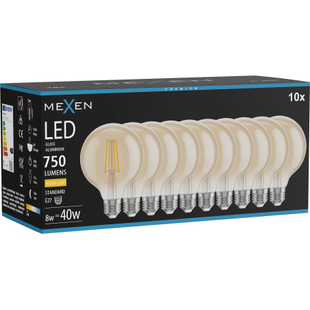 Mexen Vintis 10x żarówka filament LED E27, G95, 8W, Ciepła - 2700K, 750 lm, amber - L157-E27-0827-50x10