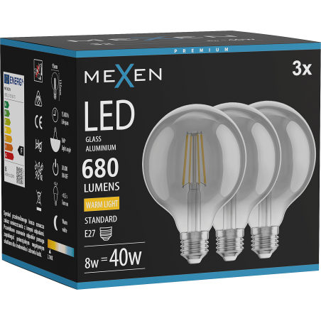 Mexen Vintis 3x żarówka filament LED E27, G95, 8W, Ciepła - 2700K, 680 lm, smoke - L157-E27-0827-70x03