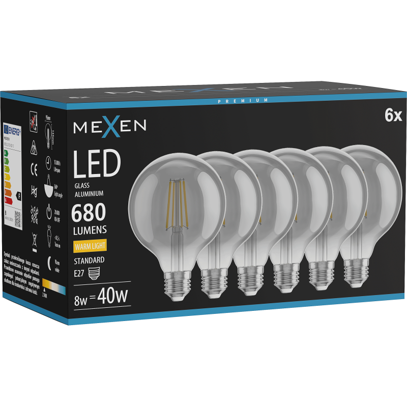 Mexen Vintis 6x żarówka filament LED E27, G95, 8W, Ciepła - 2700K, 680 lm, smoke - L157-E27-0827-70x06