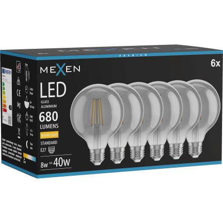 Mexen Vintis 6x żarówka filament LED E27, G95, 8W, Ciepła - 2700K, 680 lm, smoke - L157-E27-0827-70x06