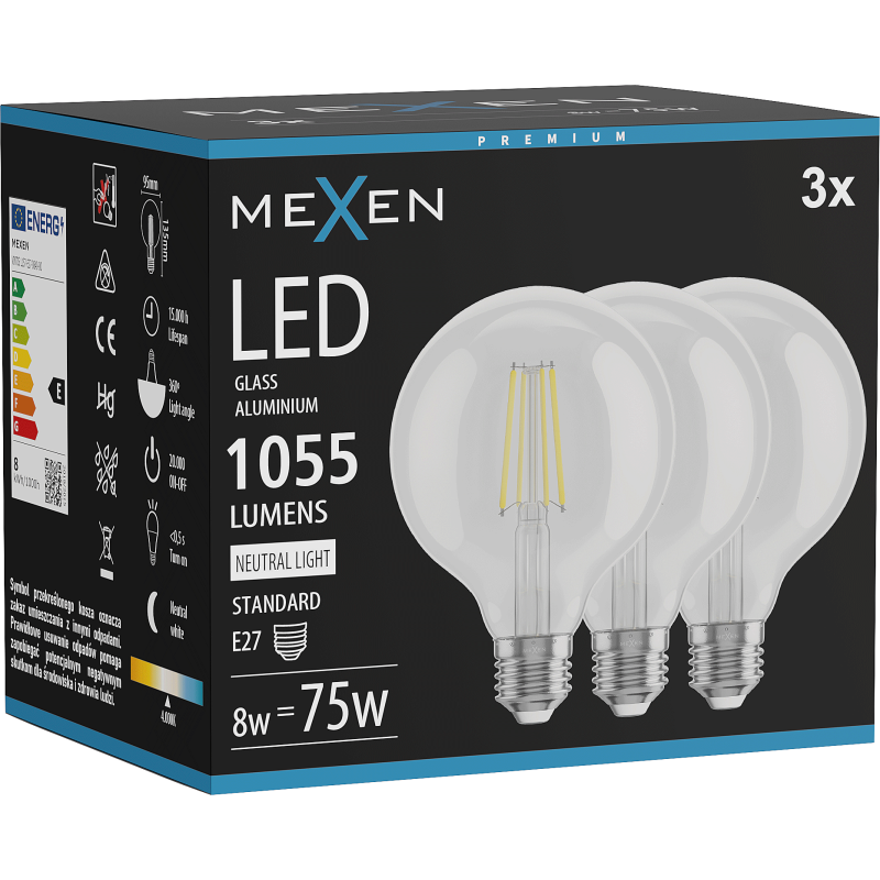 Mexen Vintis 3x żarówka filament LED E27, G95, 8W, Neutralna - 4000K, 1055 lm, clear - L157-E27-0840-00x03