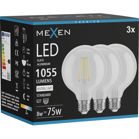 Mexen Vintis 3x żarówka filament LED E27, G95, 8W, Neutralna - 4000K, 1055 lm, clear - L157-E27-0840-00x03