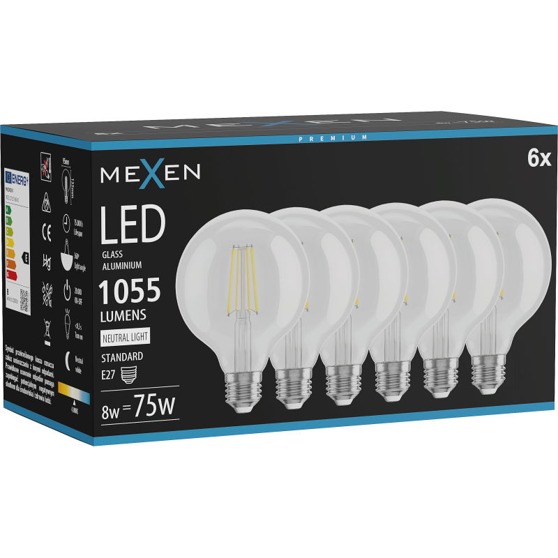Mexen Vintis 6x żarówka filament LED E27, G95, 8W, Neutralna - 4000K, 1055 lm, clear - L157-E27-0840-00x06