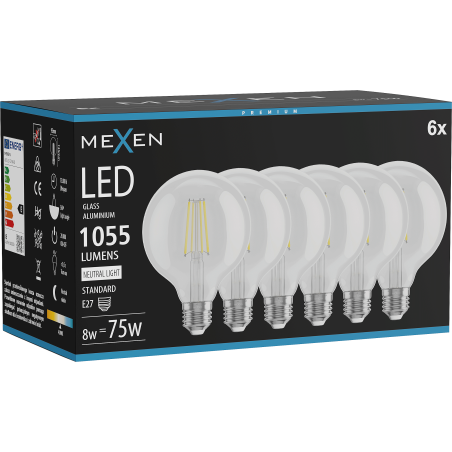 Mexen Vintis 6x żarówka filament LED E27, G95, 8W, Neutralna - 4000K, 1055 lm, clear - L157-E27-0840-00x06