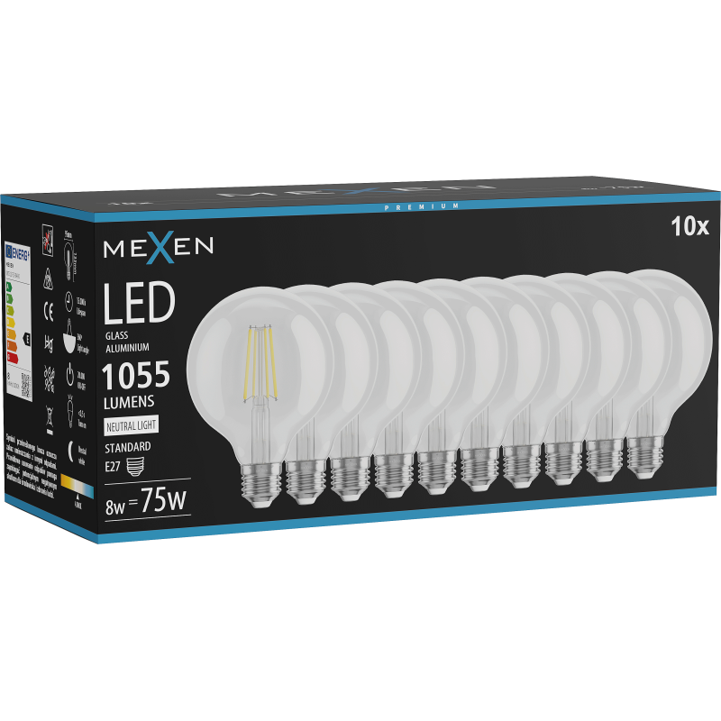 Mexen Vintis 10x żarówka filament LED E27, G95, 8W, Neutralna - 4000K, 1055 lm, clear - L157-E27-0840-00x10