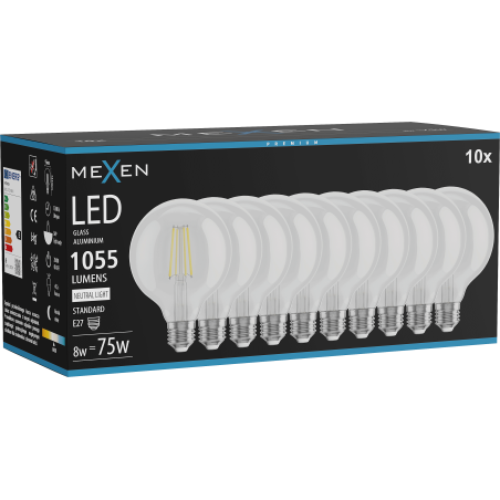 Mexen Vintis 10x żarówka filament LED E27, G95, 8W, Neutralna - 4000K, 1055 lm, clear - L157-E27-0840-00x10