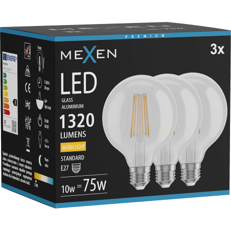 Mexen Vintis 3x żarówka filament LED E27, G95, 10W, Ciepła - 2700K, 1320 lm, clear - L157-E27-1027-00x03