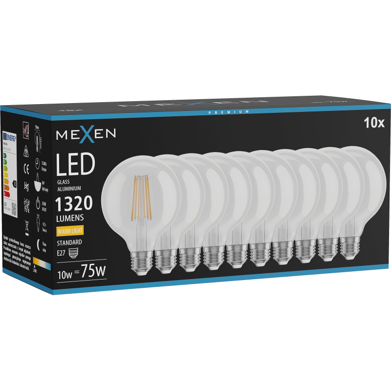 Mexen Vintis 10x żarówka filament LED E27, G95, 10W, Ciepła - 2700K, 1320 lm, clear - L157-E27-1027-00x10