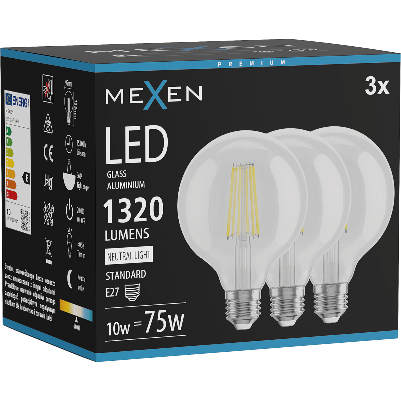 Mexen Vintis 3x żarówka filament LED E27, G95, 10W, Neutralna - 4000K, 1320 lm, clear - L157-E27-1040-00x03