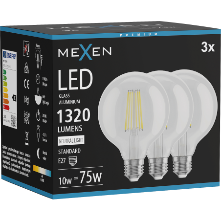 Mexen Vintis 3x żarówka filament LED E27, G95, 10W, Neutralna - 4000K, 1320 lm, clear - L157-E27-1040-00x03