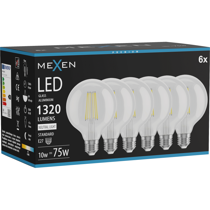 Mexen Vintis 6x żarówka filament LED E27, G95, 10W, Neutralna - 4000K, 1320 lm, clear - L157-E27-1040-00x06