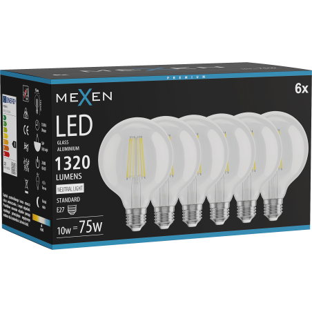Mexen Vintis 6x żarówka filament LED E27, G95, 10W, Neutralna - 4000K, 1320 lm, clear - L157-E27-1040-00x06