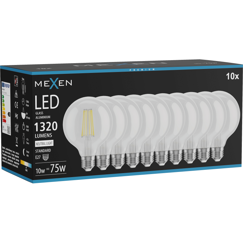 Mexen Vintis 10x żarówka filament LED E27, G95, 10W, Neutralna - 4000K, 1320 lm, clear - L157-E27-1040-00x10