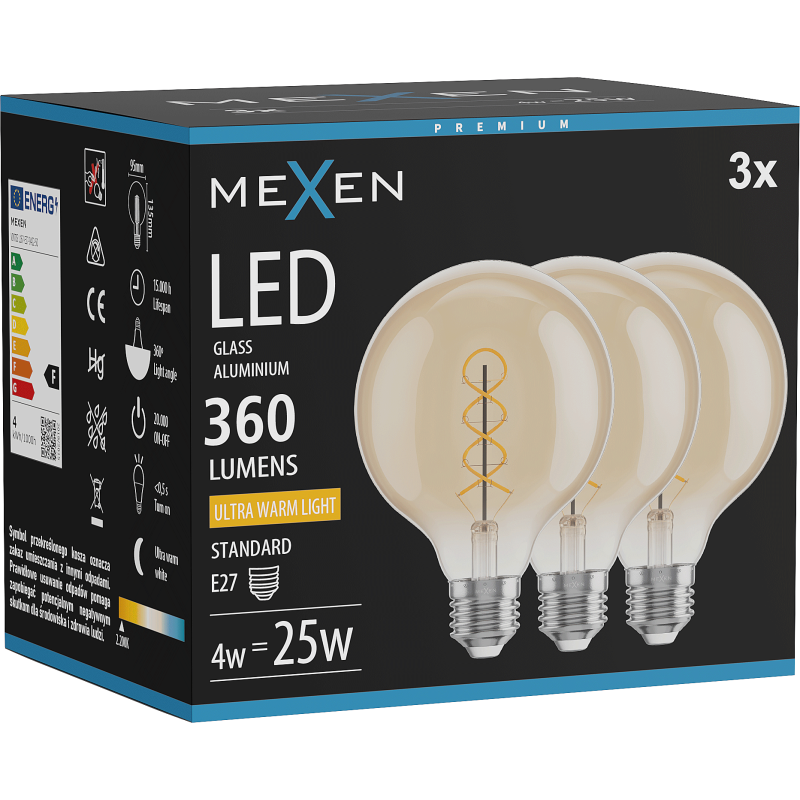Mexen Vintis 3x żarówka filament spirala LED E27, G95, 4W, Ciepła - 2200K, 360 lm, amber - L167-E27-0422-50x03