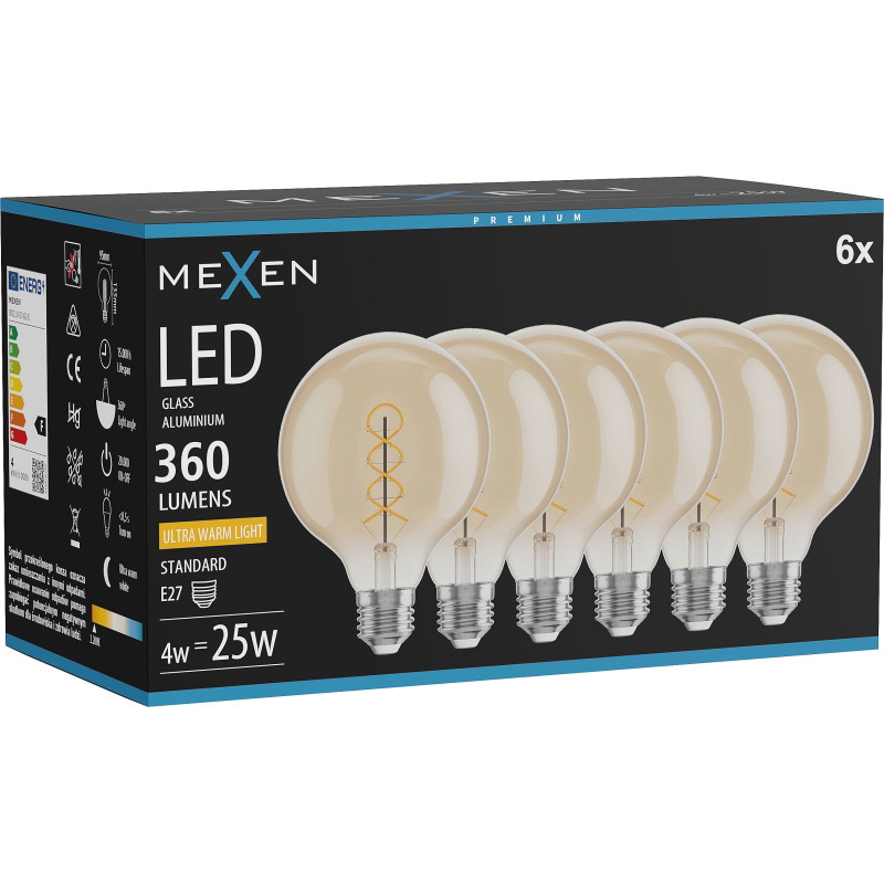 Mexen Vintis 6x żarówka filament spirala LED E27, G95, 4W, Ciepła - 2200K, 360 lm, amber - L167-E27-0422-50x06