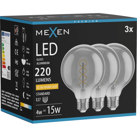 Mexen Vintis 3x żarówka filament spirala LED E27, G95, 4W, Ciepła - 2200K, 220 lm, smoke - L167-E27-0422-70x03