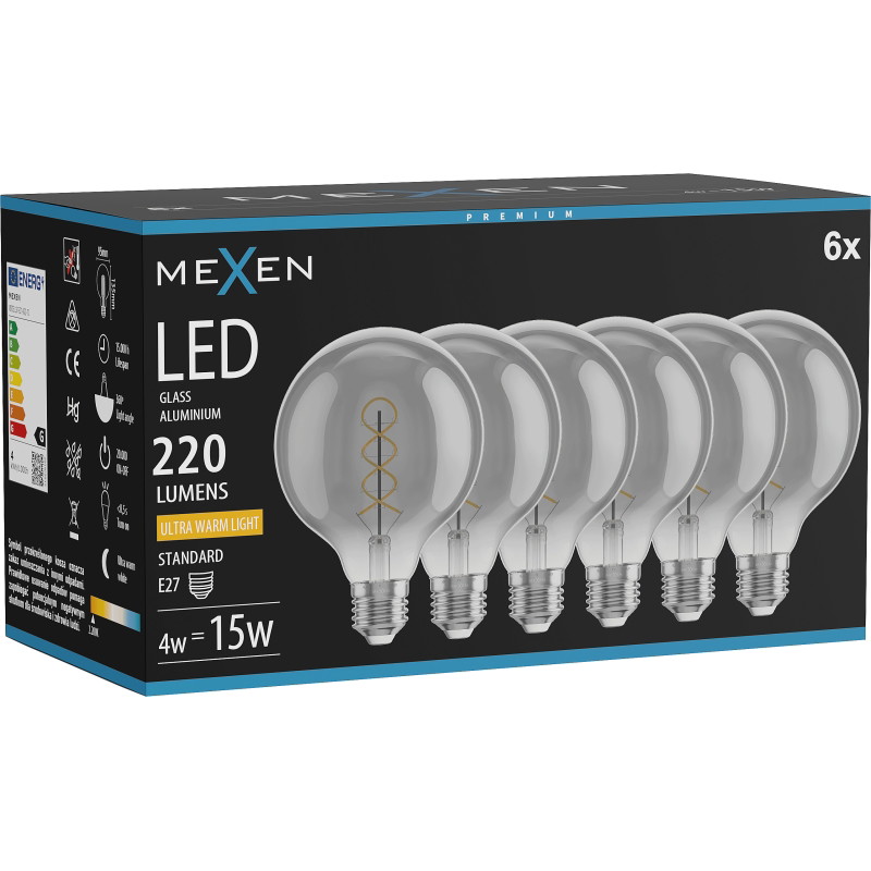 Mexen Vintis 6x żarówka filament spirala LED E27, G95, 4W, Ciepła - 2200K, 220 lm, smoke - L167-E27-0422-70x06
