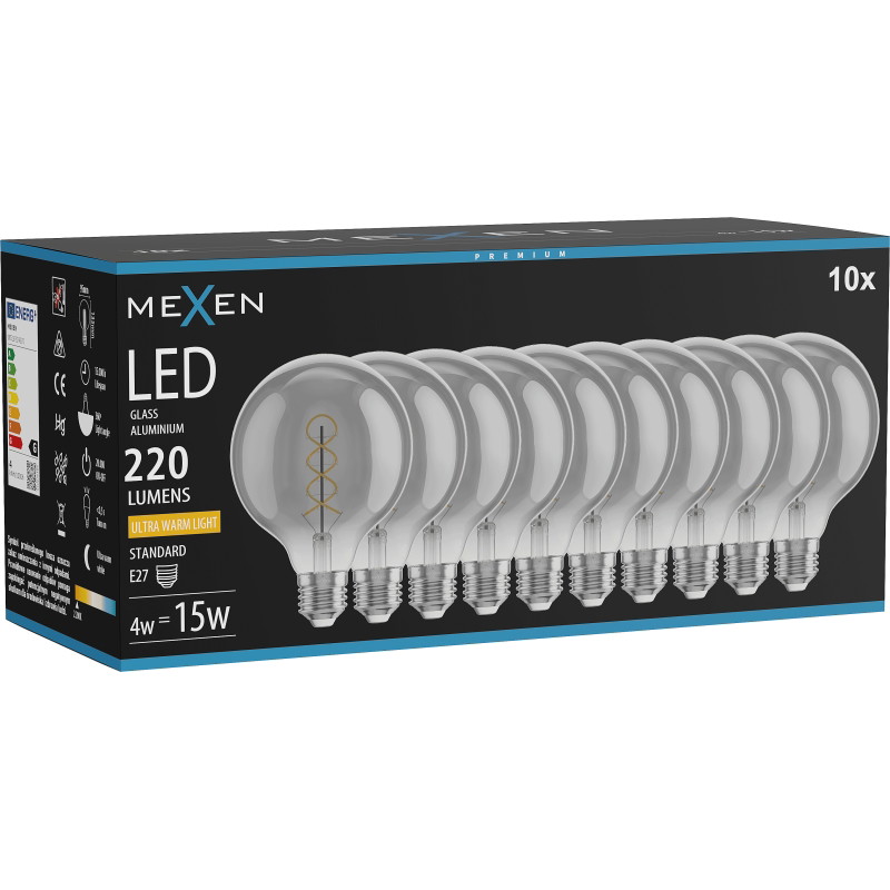 Mexen Vintis 10x żarówka filament spirala LED E27, G95, 4W, Ciepła - 2200K, 220 lm, smoke - L167-E27-0422-70x10