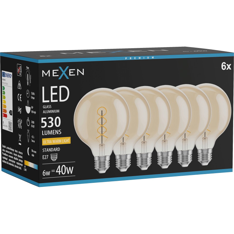 Mexen Vintis 6x żarówka filament spirala LED E27, G95, 6W, Ciepła - 2200K, 530 lm, amber - L167-E27-0622-50x06