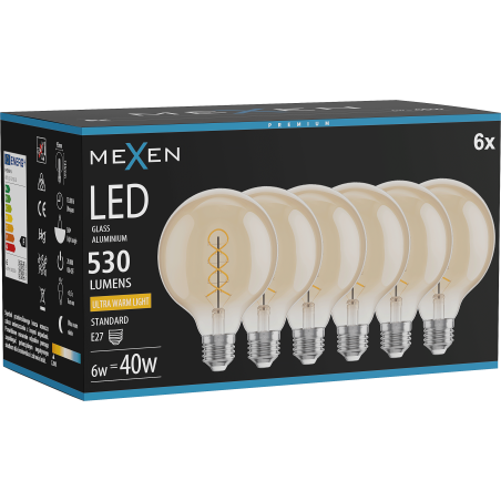 Mexen Vintis 6x żarówka filament spirala LED E27, G95, 6W, Ciepła - 2200K, 530 lm, amber - L167-E27-0622-50x06