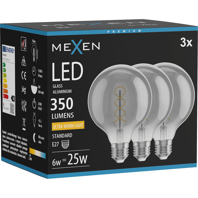 Mexen Vintis 3x żarówka filament spirala LED E27, G95, 6W, Ciepła - 2200K, 350 lm, smoke - L167-E27-0622-70x03