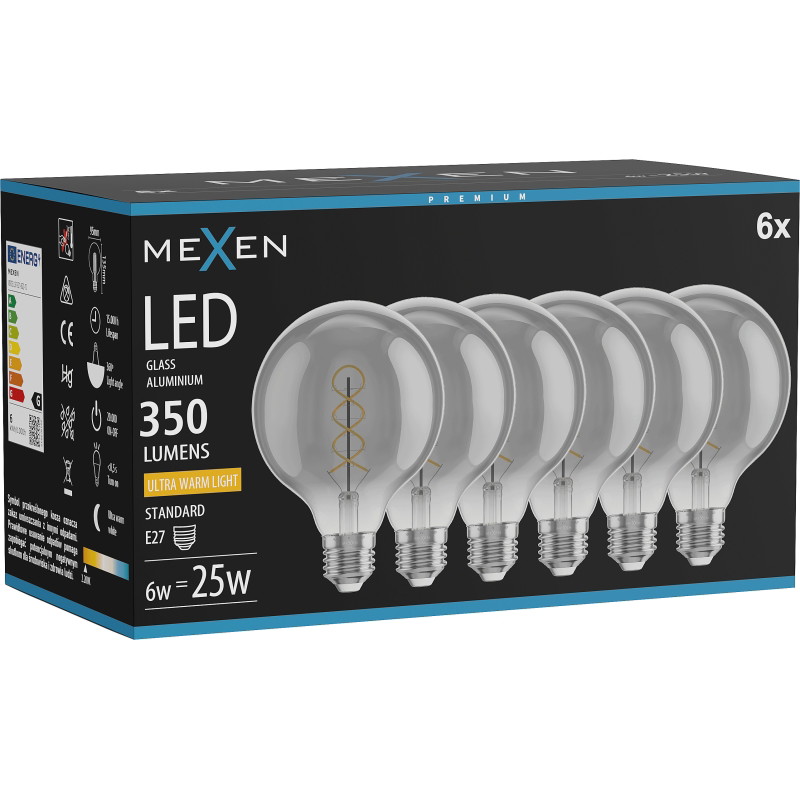 Mexen Vintis 6x żarówka filament spirala LED E27, G95, 6W, Ciepła - 2200K, 350 lm, smoke - L167-E27-0622-70x06