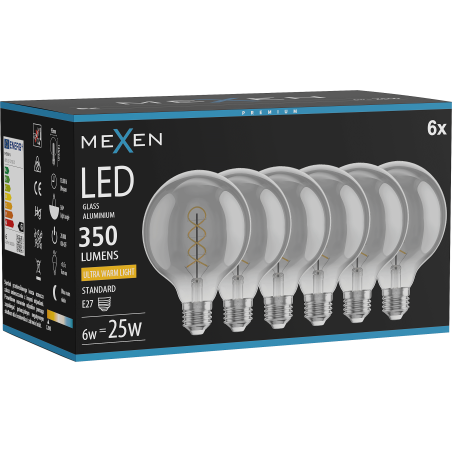 Mexen Vintis 6x żarówka filament spirala LED E27, G95, 6W, Ciepła - 2200K, 350 lm, smoke - L167-E27-0622-70x06