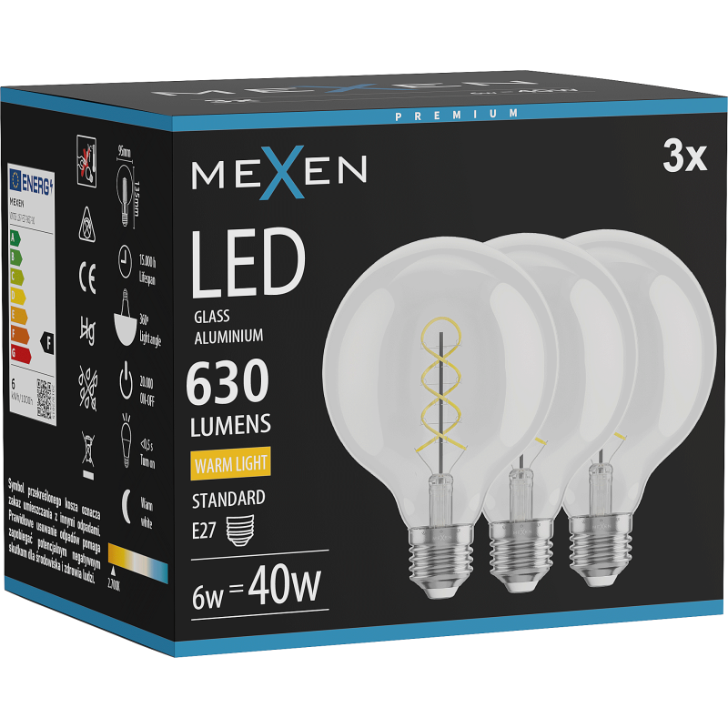 Mexen Vintis 3x żarówka filament spirala LED E27, G95, 6W, Ciepła - 2700K, 630 lm, clear - L167-E27-0627-00x03